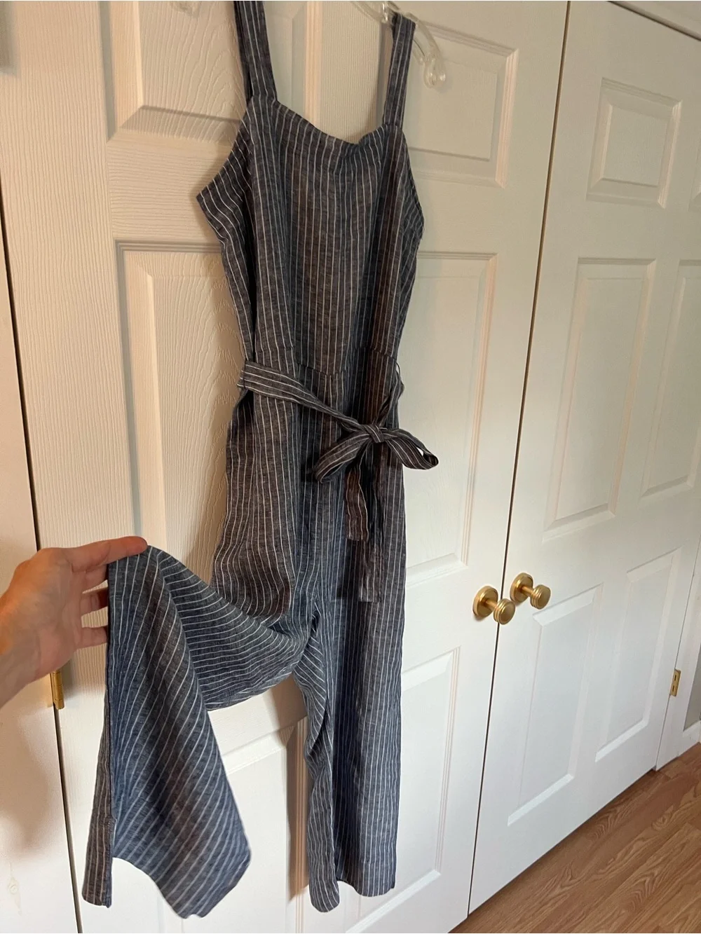 Quince Blue & White Striped Linen-Blend Sleeveless Jumpsuit with Tie Waist
